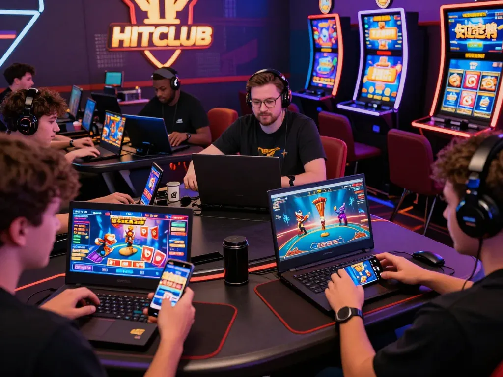 Exciting hitclub gaming scene with players engaged in various card games and vibrant visual interfaces.
