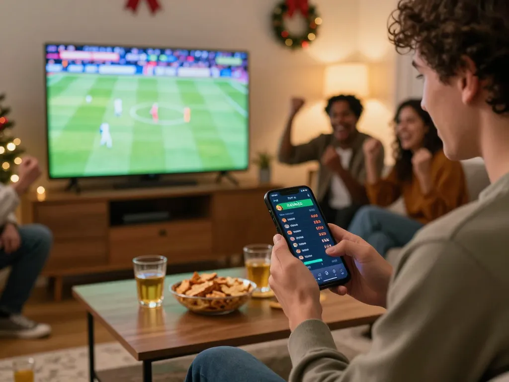 VA88 sports betting enthusiast celebrating a win while using a smartphone in a lively home setting.