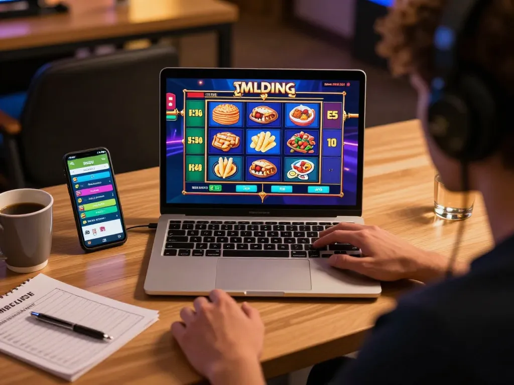 Engaging online gaming scene at https://vipwin79.net/ with player using laptop and smartphone for betting.