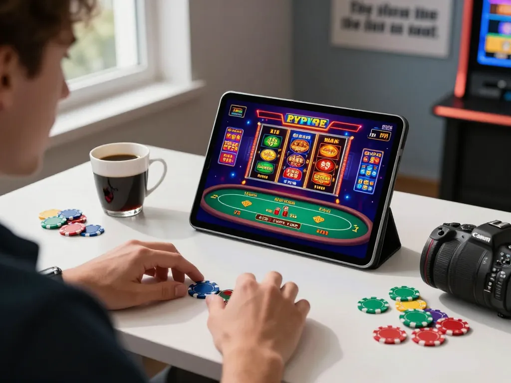 Gamer enjoying thrilling online casino experience at https://79kingg.us/ with vibrant graphics and tokens.