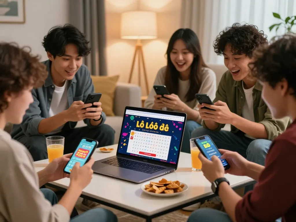 Friends discussing lô đề hôm nay lottery predictions while checking online results in a cozy setting.