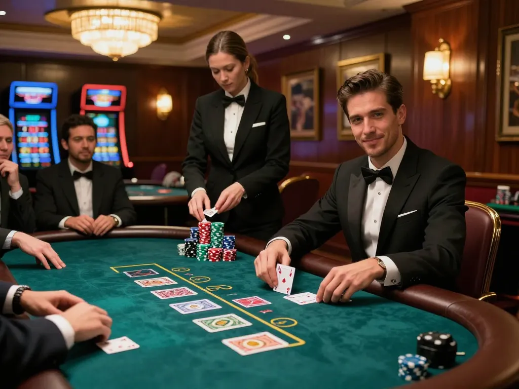 Intense blackjack action at an upscale casino featuring a confident player and luxurious atmosphere, ok365.com strategies in play.