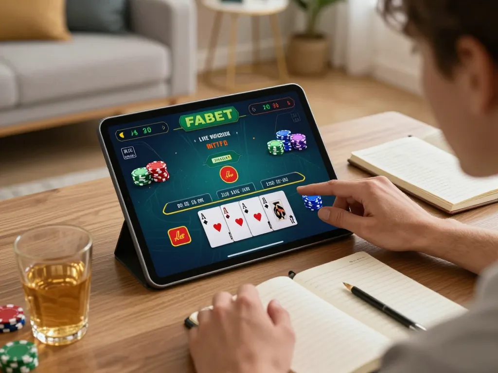 Play blackjack on FABET with a live dealer at home, showcasing an engaging and cozy gaming atmosphere.
