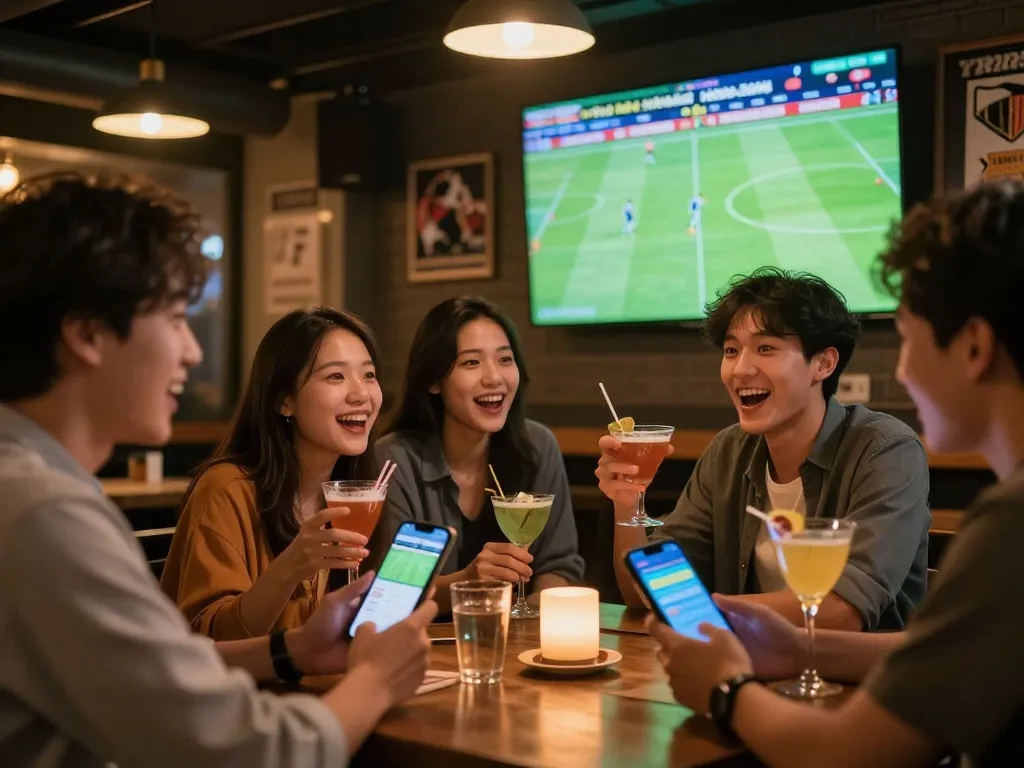 Watching tỷ lệ kèo nhà cái hôm nay on smartphones during an exciting sports betting event at a bar.