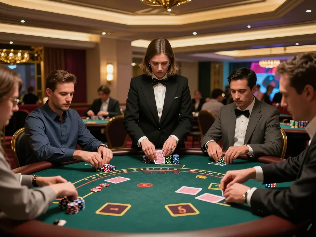 SKY88 players strategically placing bets at a glamorous blackjack table in an upscale casino.