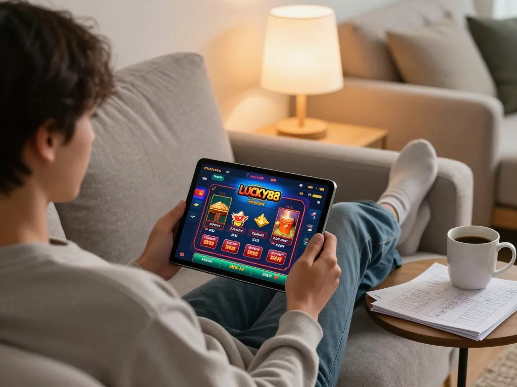 LUCKY88 gaming experience on a tablet in a cozy home setting with strategic notes and a relaxing atmosphere.