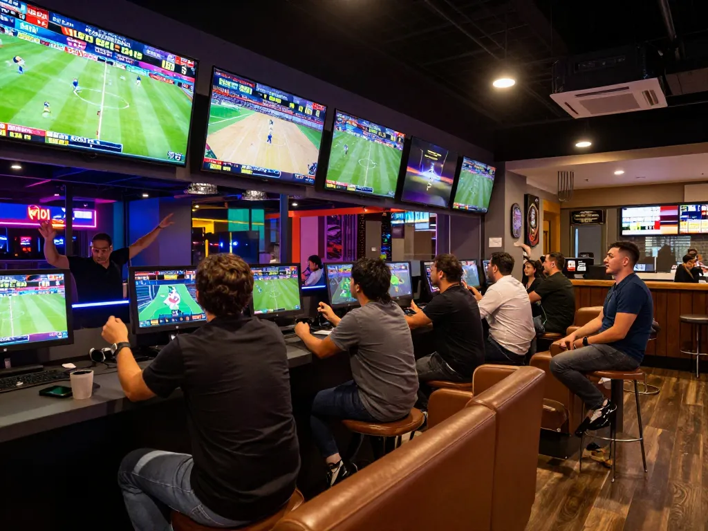 Tỷ lệ kèo trực tuyến displayed as enthusiastic bettors enjoy a modern sports betting lounge atmosphere.