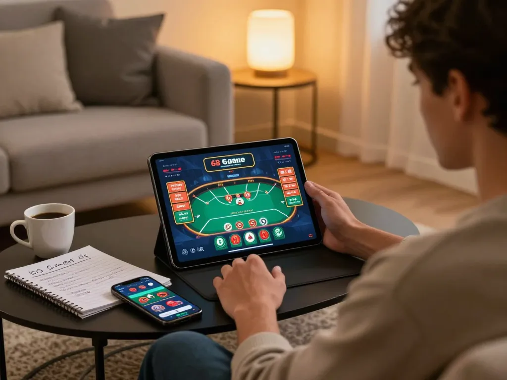 Player enjoying a gaming session of 68 Game Bài on a tablet in a cozy living room, surrounded by interaction elements.