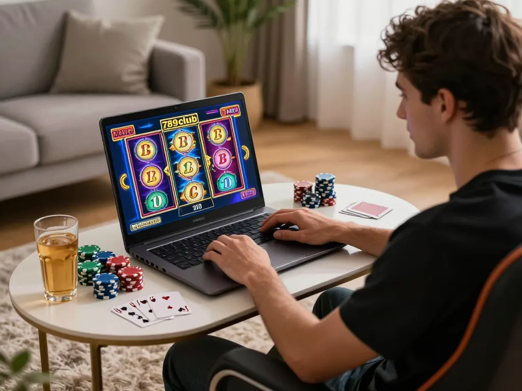 Engaging gaming experience at 789club with vibrant slot graphics, poker chips, and modern atmosphere