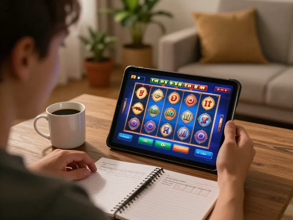 A player enjoys slot deposit 5000 games on their tablet, focusing on winning strategies in a cozy home setting.