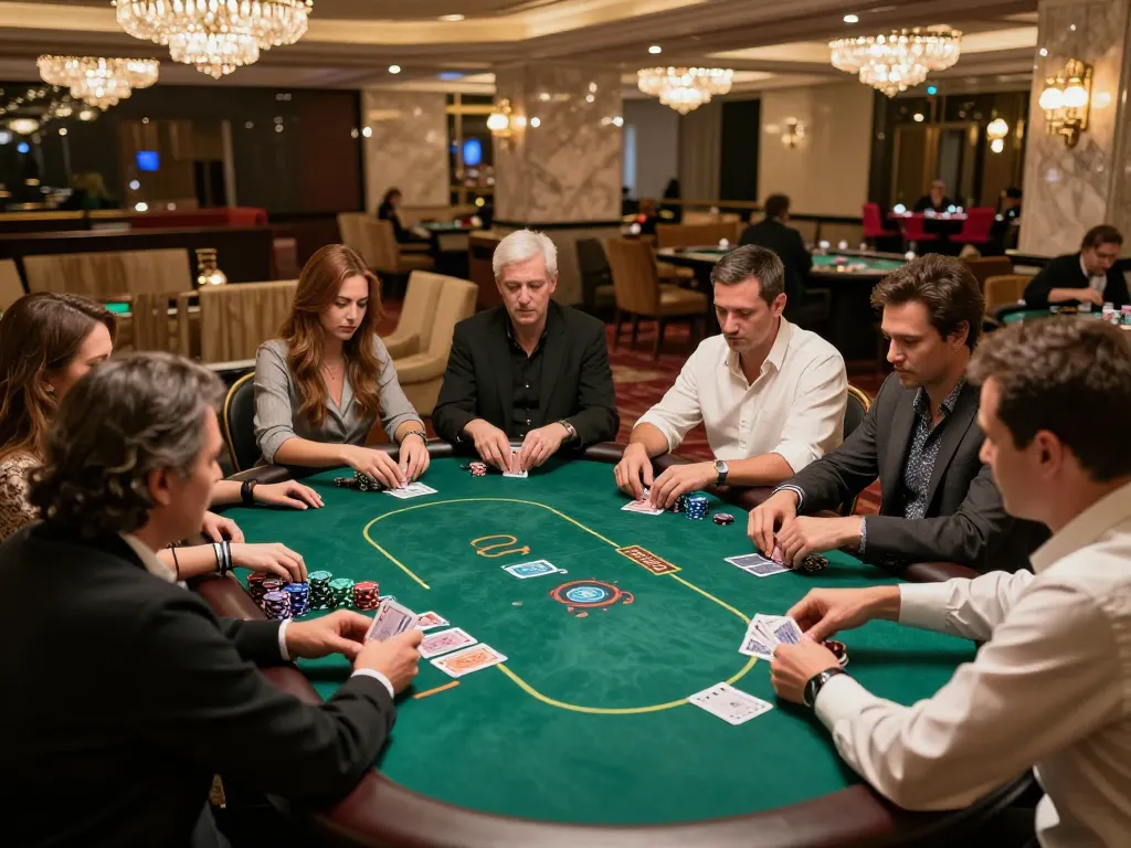 Pemain di meja poker berinteraksi di kasino ROKOK88, menunjukkan permainan strategis dan kegembiraan.