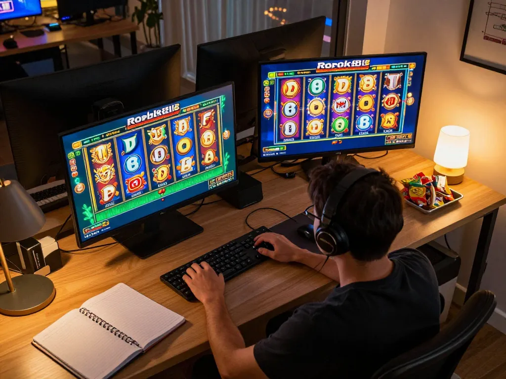 Player engaging with rokok88 online slots in a cozy home office, highlighting immersive gaming experience.