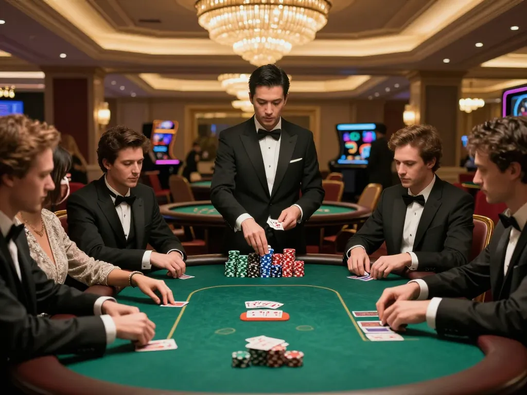 HELLO88 players engaging in an animated poker game at an upscale casino table