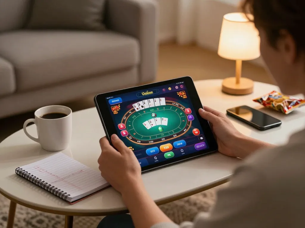 Giocatore impegnato che utilizza un tablet per il gioco d'azzardo online su bookmaker con paypal non aams in un accogliente ambiente domestico