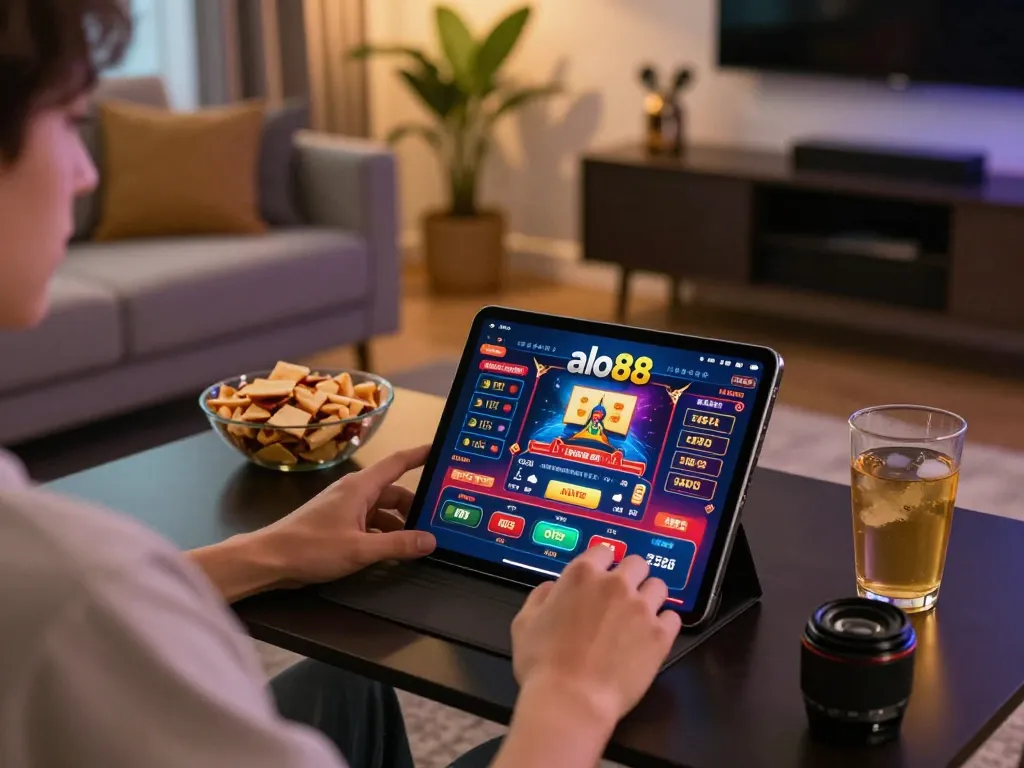 Alo88 user engaging with mobile casino gaming on a tablet in a stylish living room, enjoying a relaxed atmosphere.