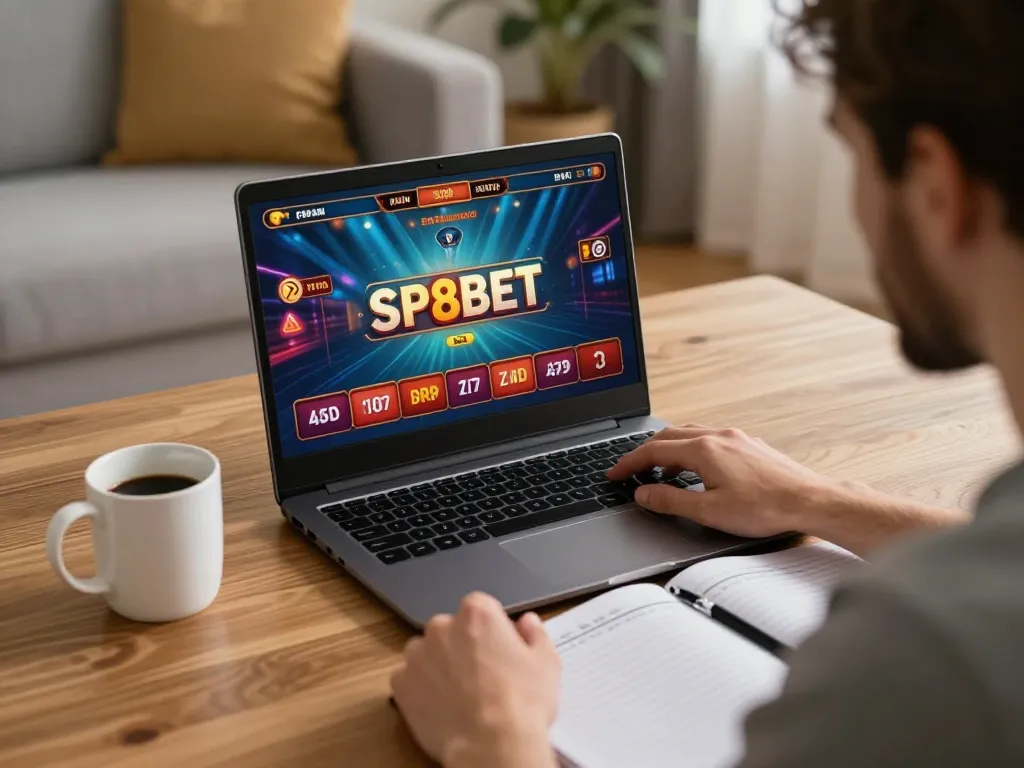 Engaging in a strategic rút tiền sp8bet session on a laptop at home, showcasing responsible online gaming.