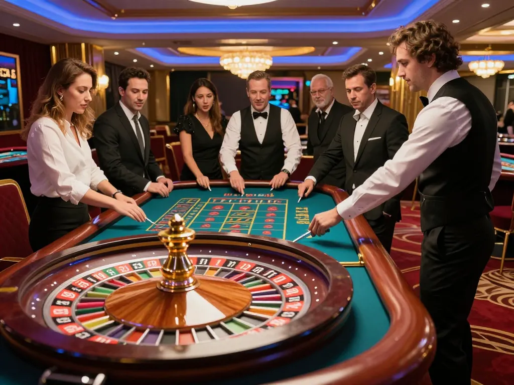 Hitclub players enjoying a thrilling roulette game at an upscale casino with vibrant decor