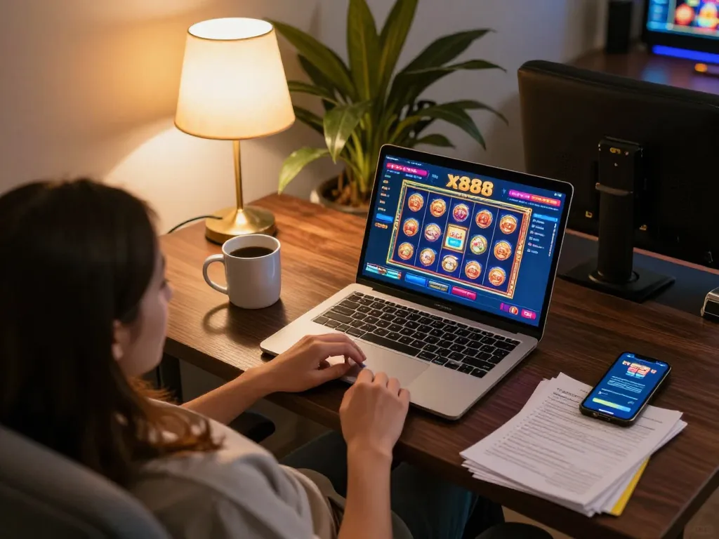x888 online player engaged in strategic slot game with a cozy setup.