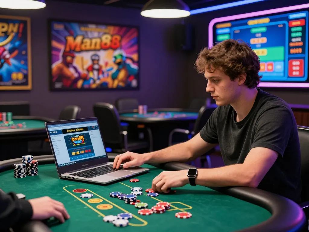 Enthusiastic gamer engaging with the man88 platform in a vibrant live casino environment, showcasing excitement and immersion.