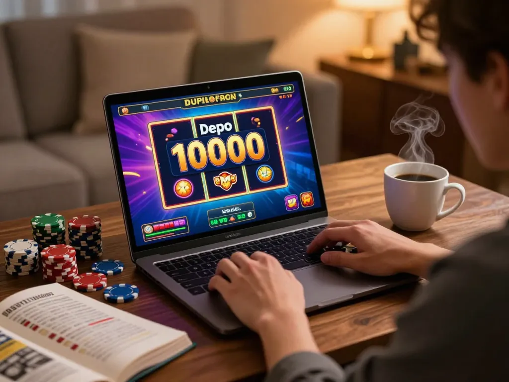 Playing slot depo 10000 online in a cozy home setting with colorful chips and ambient lighting.