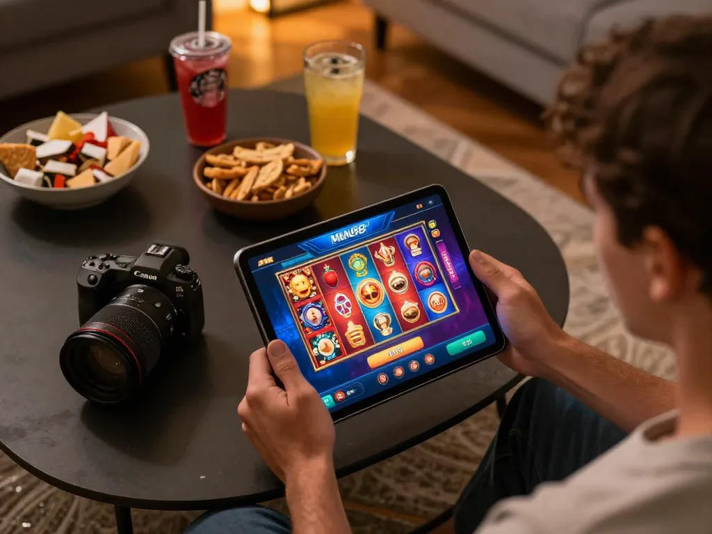 Player enjoying the Man88 casino app on a tablet with an inviting home setup for online gambling