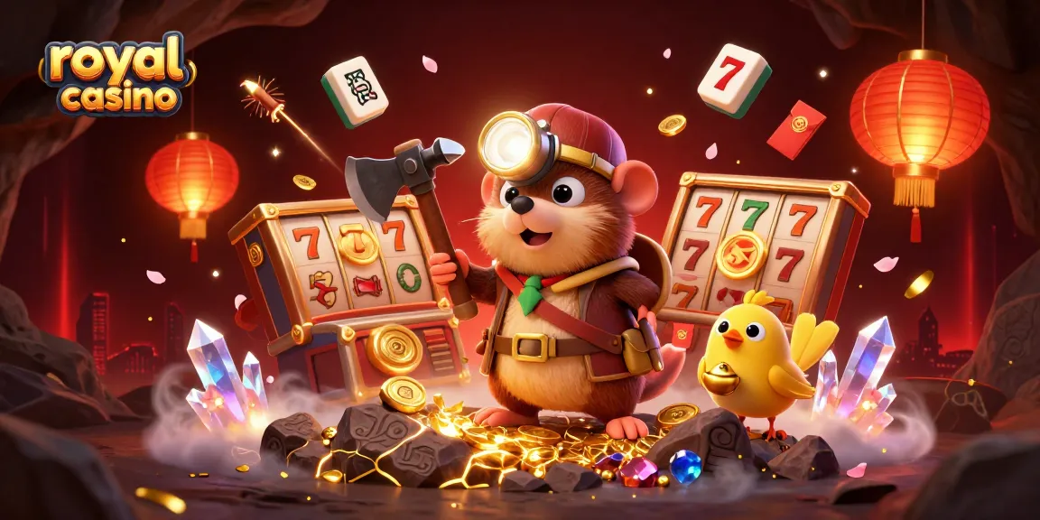 Play exciting games at royal x casino with a treasure hunter mole in a vibrant casino scene.