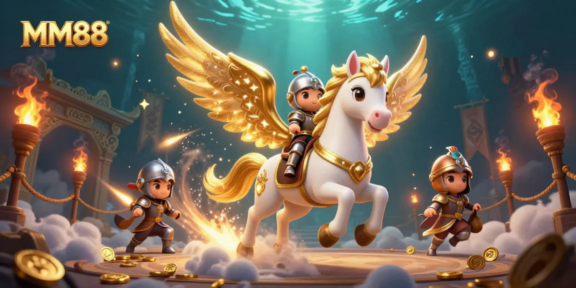 Engage in thrilling MM88 betting adventures with a stunning 3D illustration of a celestial horse racing through a casino-themed arena.