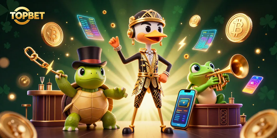 Engage with TOPBET's vibrant casino scene featuring cartoon characters and cryptocurrency elements.
