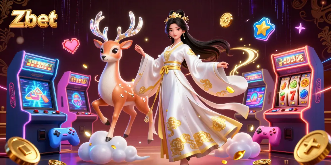 Zbet casino illustration featuring a floating Asian woman in a hanfu, vibrant slot elements, and game machines.