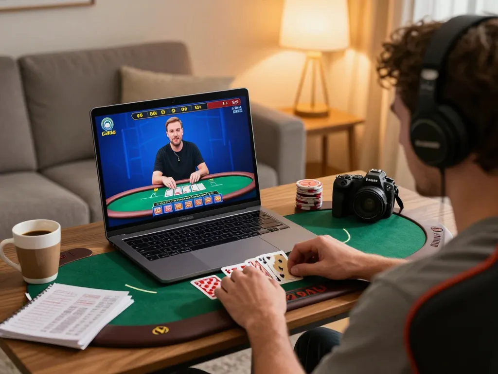 Engaging in live dealer blackjack at home, showcasing nhà cái VK88 for strategic online gaming experience