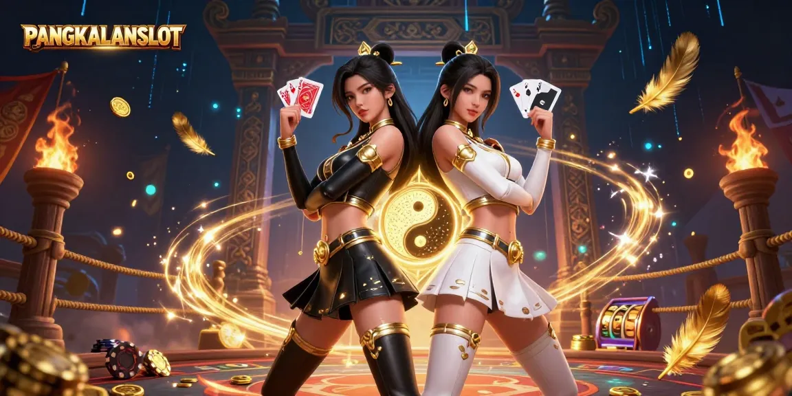 PANGKALANSLOT showcases a stunning illustration of twin Asian women in a dynamic casino scene, radiating energy as they hold cards.