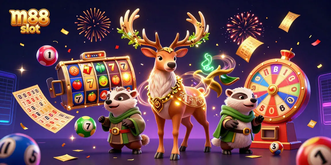 Engage with thrilling m88 slot games in a vibrant 3D casino illustration.