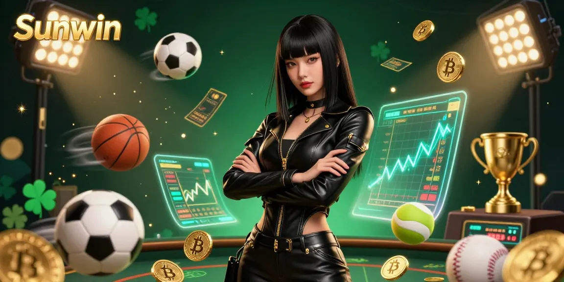 Engage with Sunwin’s dynamic casino experience featuring an Asian woman surrounded by sports elements.