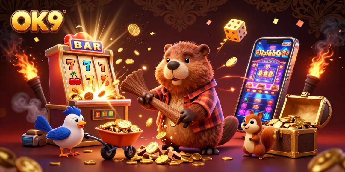 Spin and win at OK9's casino with an exciting 3D scene of gold coins and vibrant gaming elements.