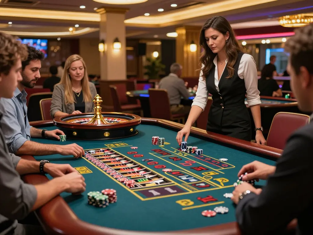 DH88 players placing bets at roulette table in upscale casino atmosphere