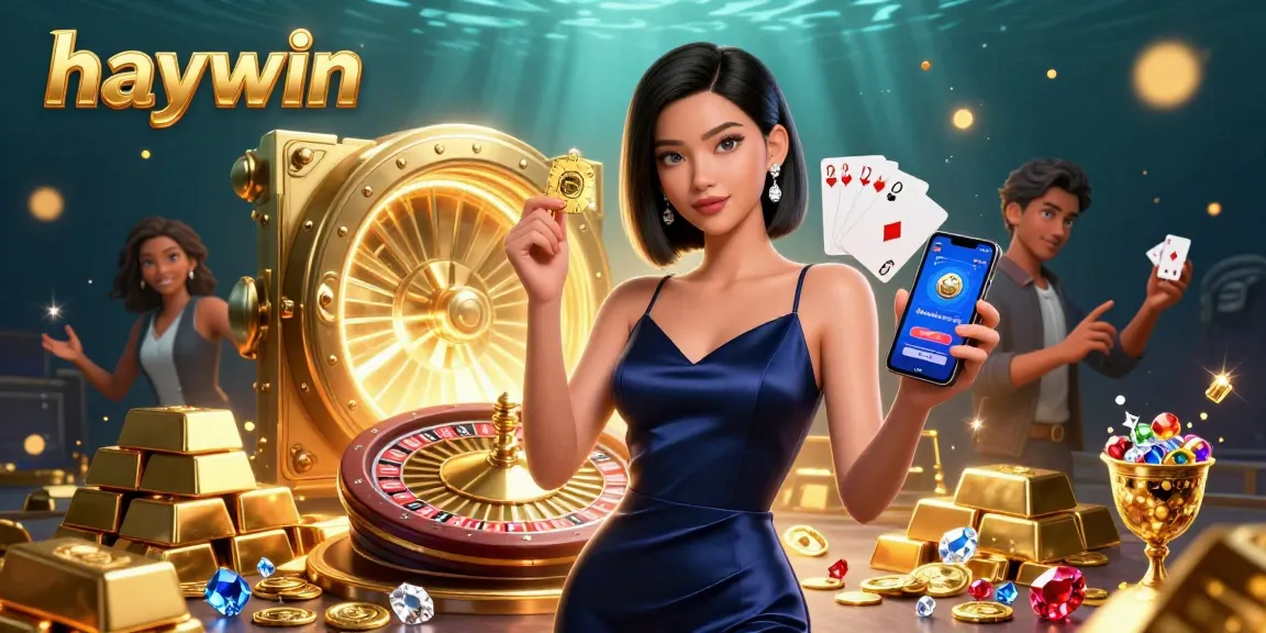 Experience thrilling casino action at haywin with a confident Asian woman showcasing a winning strategy surrounded by golden treasures.