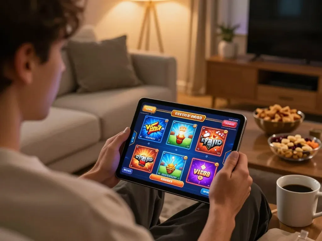 Player engaging with vic88 đổi thưởng on a tablet, showcasing exciting game graphics in a cozy home