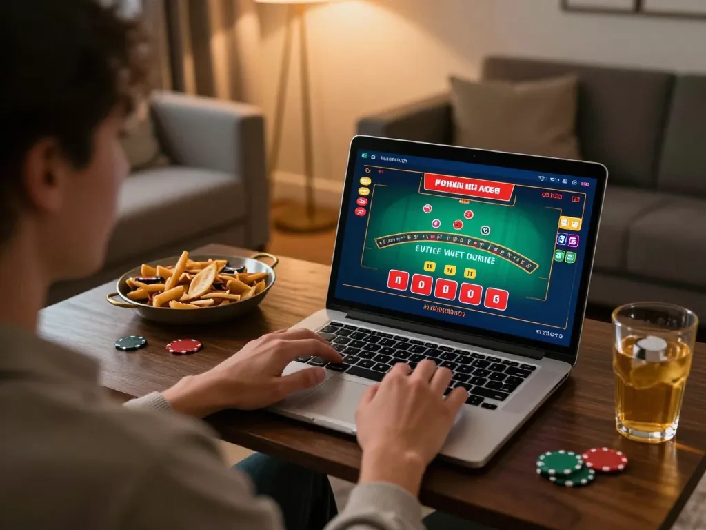 Engaged player enjoying OnBet blackjack game on a laptop, showcasing responsible gambling.