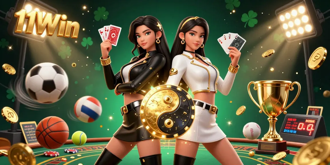 Engage in winning strategies with 11Win as exquisite twin Asian women showcase thrilling card play in a vibrant casino scene.