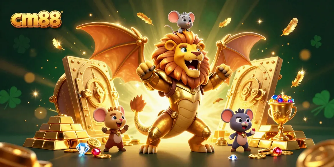 Experience exhilarating gaming at cm88 with a roaring chimera and golden treasures surrounding exciting casino adventures.