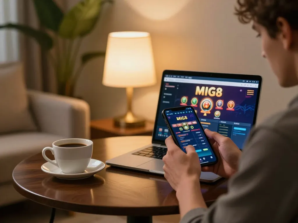 MIG8 mobile app gaming setup in a cozy environment with strategic atmosphere.
