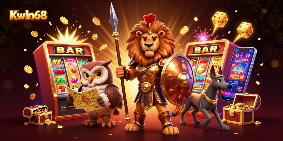 Experience Kwin68's thrilling casino adventure with a dynamic scene featuring a Spartan lion and exciting gaming elements.