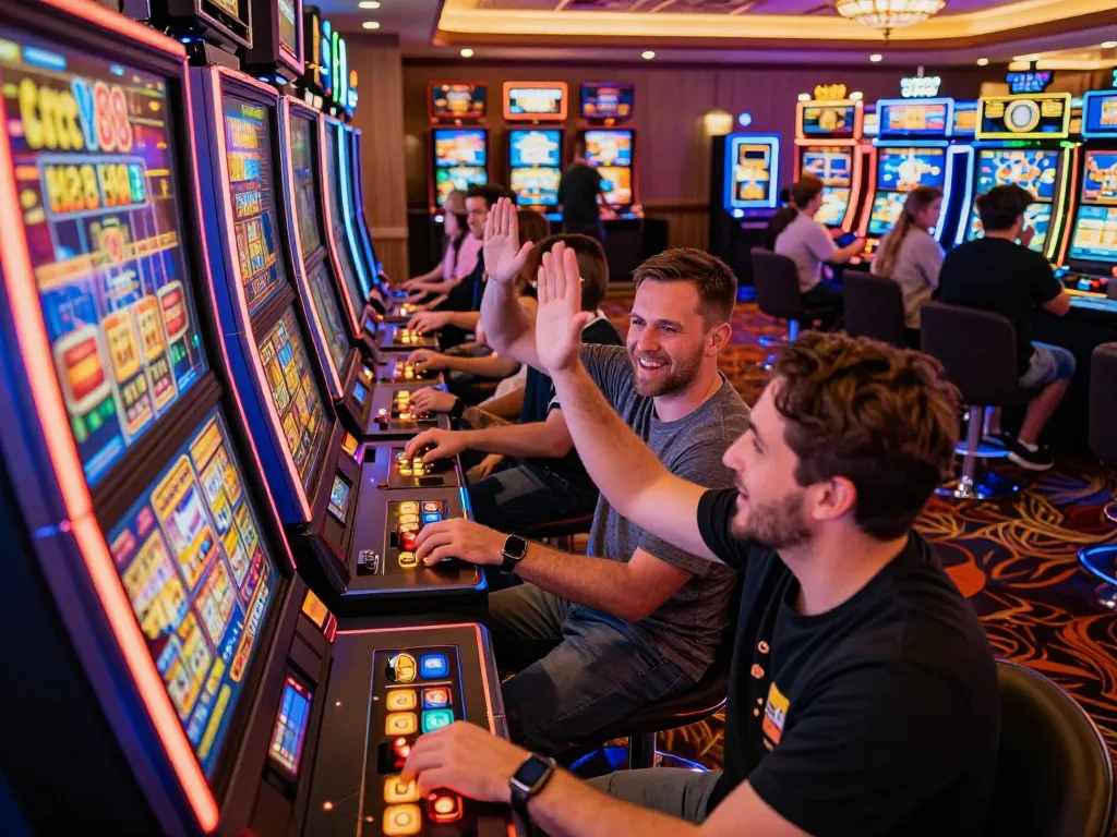 Players celebrating wins at colorful lucky88 slot machines in a vibrant casino