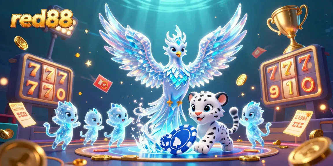 Engage with red88 gaming by witnessing an enchanting 3D fantasy scene filled with slot reels, ice characters, and dynamic action.