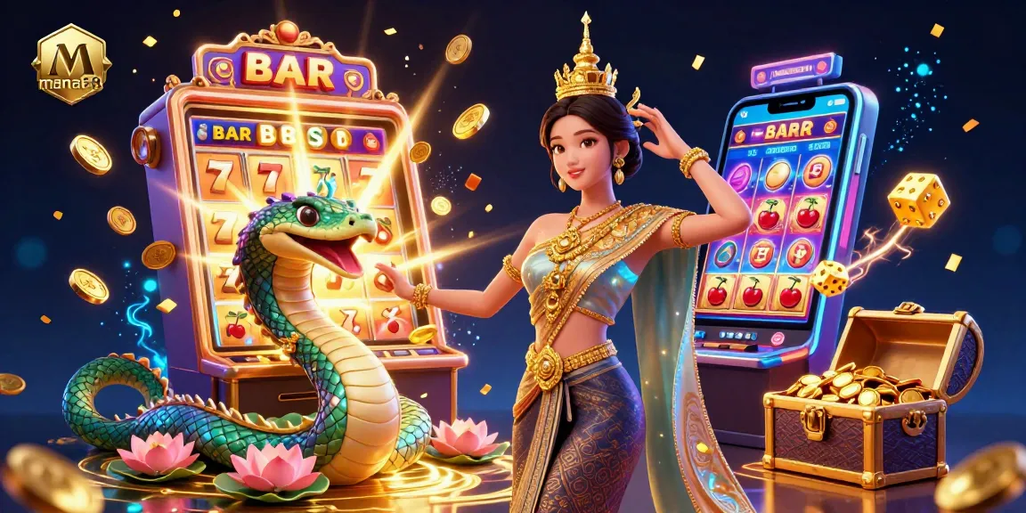 Experience the vibrant casino atmosphere with mana88 featuring an Asian woman in a traditional dance amidst jackpot symbols and glowing effects.