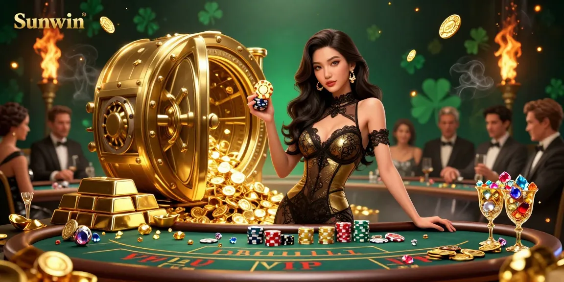 Experience the thrill of high-stakes gaming with Sunwin as a glamorous player celebrates at the baccarat table.