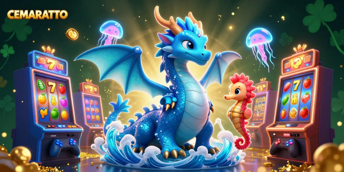 CEMARATOTO showcases a vibrant 3D illustration of a water dragon amidst slot machines, capturing the essence of gaming excitement.