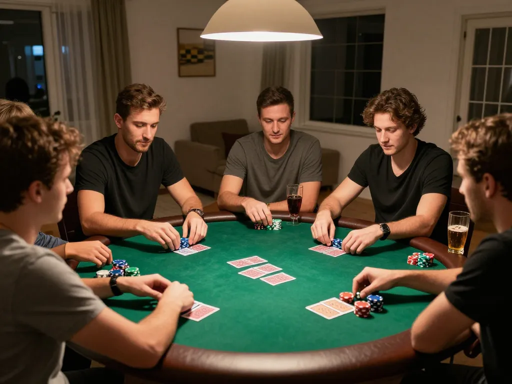 Friends enjoying a lively poker game at home, featuring the f8bet atmosphere of fun and strategy.
