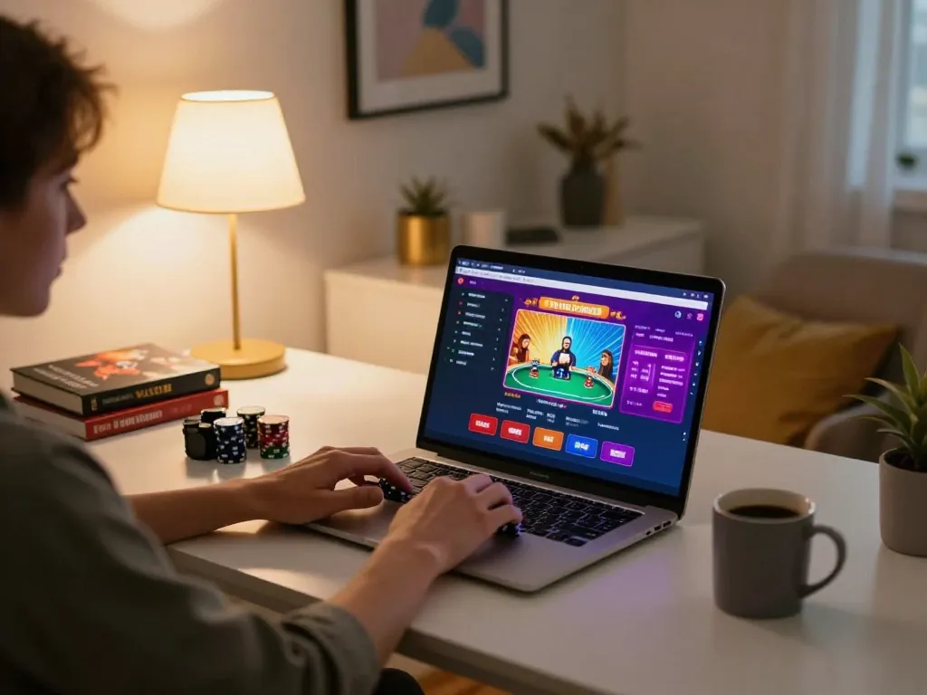 Engaging in online poker at home with cm88 on laptop, showcasing a cozy gambling atmosphere