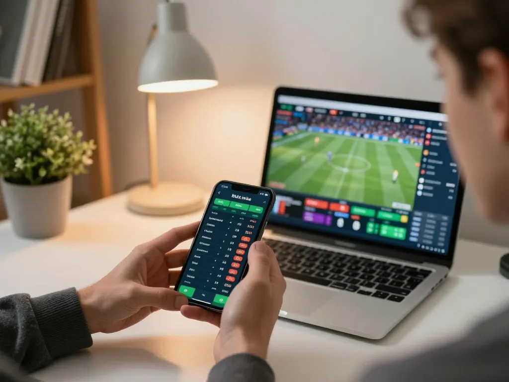 Engaging in Sbo top sports betting with smartphone and laptop, showcasing real-time odds in a home office
